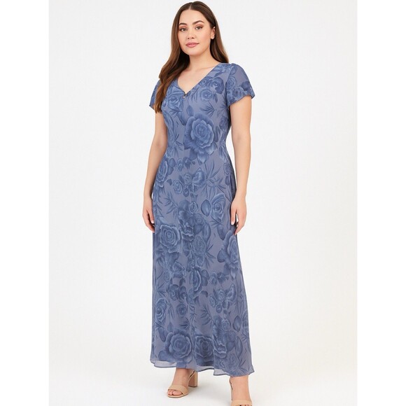 Fashion Bug Sz 12 Blue Floral Y2K 90s Maxi Dress Sheer Overlay Fairy Cottage - Picture 1 of 10